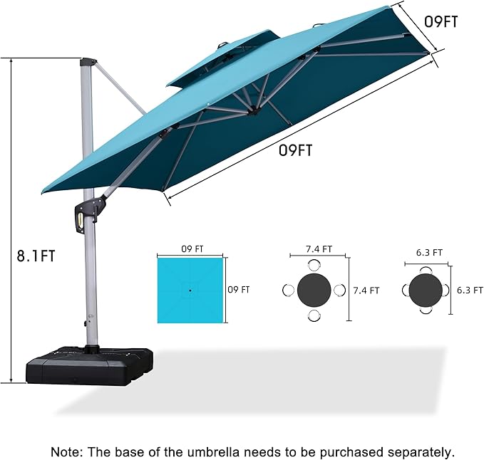 PURPLE LEAF Patio Umbrella 9ft Outdoor Square Umbrella Large Cantilever Umbrella Windproof Offset Heavy Duty Sun for Garden Deck Pool Patio, Turquoise Blue PURPLELEAF