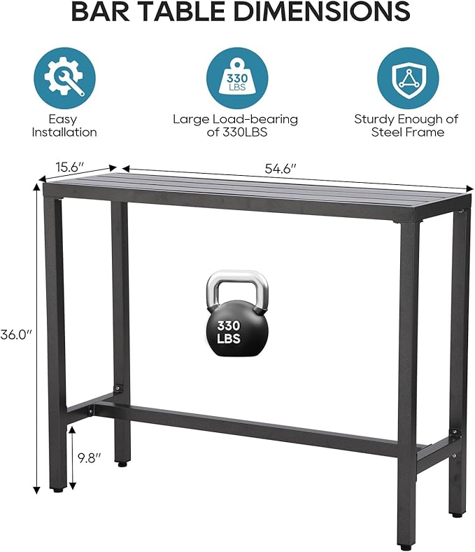 Outdoor Bar Table, Patio Console Pub Height Tables with Powder Coated Steel Frame, Weather Resistant Waterproof Top for Hot Tub, Balcony, Garden, Yard, Poolside (Grey, 55" Bar Table) Sumshadow