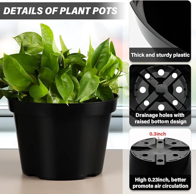 BTPLASTIK 8 Inch Plastic Plant Pots, 15 Pack Sturdy Nursery Pot with Drainage Holes, Flower Planter Pots for Indoor Outdoor, Garden Containers Sets for Vegetable Herbs Flowers, Black BTPLASTIK