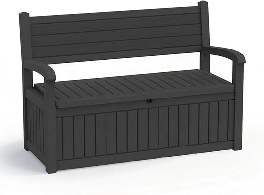EasyUp 80 Gallon Wood Grain Style Outdoor Storage Bench, Waterproof and Lockable Deck Box Outdoor Storage Furniture for Patio,Garden,and Porch – Perfect for Storing Garden Tools and Cushions(Black) EASYUP