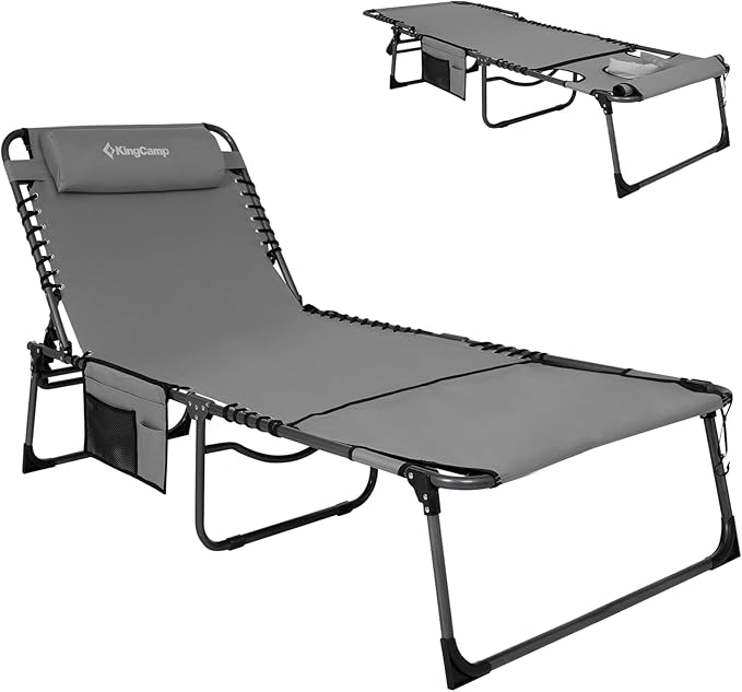 KingCamp Tanning Chair with Face Hole, Lounge Chairs Outdoor Folding Comfy Adjustable 5-Position Lay Flat Foldable Chaise Chaser Lounger for Outside Beach Patio Sun Bathing Pool, Grey KingCamp