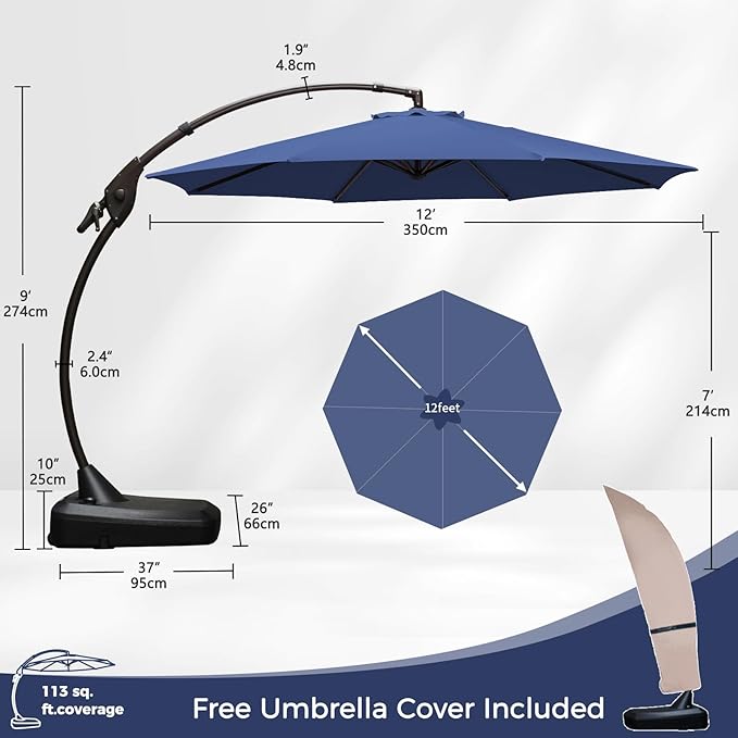 Grand patio 12FT Outdoor Offset Umbrella with Base & Cover Patio Aluminum Round Cantilever Umbrella for Garden Deck Poolside (Navy Blue, 12 FT) GrandPatio
