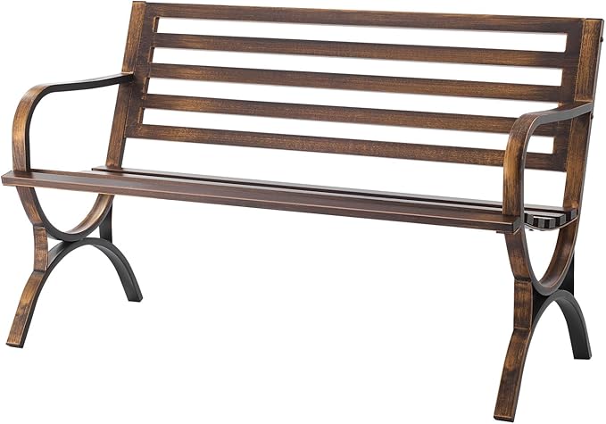 VEVOR Outdoor Bench, 50 inch, Carbon Steel Metal Frame with Slatted Pattern Backrest and Round Edge Armrests, Weatherproof Outside Bench for Patio, Garden, Park, Yard, Front Porch, Antique Bronze VEVOR