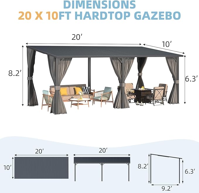 AECOJOY 20'x10' Outdoor Hardtop Metal Gazebo with Curtains and Netting for Patio, Large 10x20 Lean to Heavy Duty Wall Mounted Pergolas and Grill Gazebos Clearance, Patio Steel Roof Awnings for Decks AECOJOY