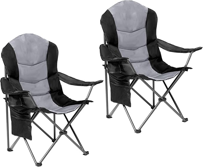 2 Pack Folding Camping Chairs for Adults - High Back Padded Outdoor Lawn Chairs with Lumbar Support & Cup Holder, 400lbs Heavy Duty Portable Camping Chairs Set (Black & Light Gray) Rootora
