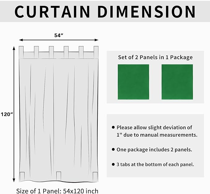 Easy-Going Outdoor Patio Curtains Detachable Tab Top Windproof Weatherproof Curtain for Cabana, Porch, Pergola and Gazebo, Tab Bottom Drape, 2 Panels, 54W x 120L inch, Green Easy-Going