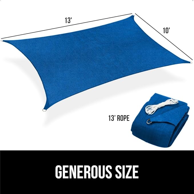 GORILLA GRIP Heavy Duty Sun Shade, UV Protection Fade Tear and Rust Resistant Rectangle Sunshade Canopy, Curved Edges Blocks Sunlight, Breathable Sail, Outdoor Patio, Lawn Garden 10x13 FT Blue GorillaGrip