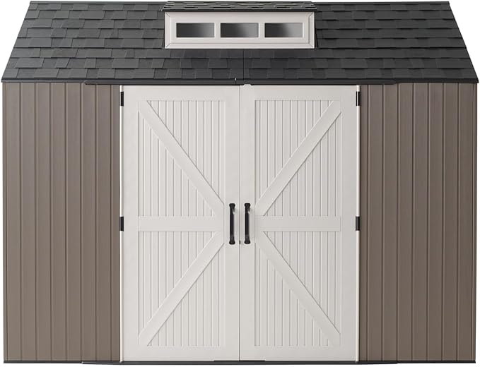 Rubbermaid Extra Large Resin Outdoor Storage Shed With Floor (7 x 10.5 Ft.) Weather Resistant Brown Organization for Home/Lawn Mower/Backyard Equipment/Bike Storage/Pool Supplies Rubbermaid