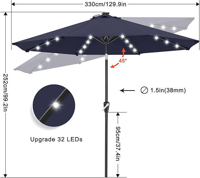 ABCCANOPY Durable Solar Led Patio Umbrellas with 32LED Lights 11FT (Deep Blue) ABCCANOPY
