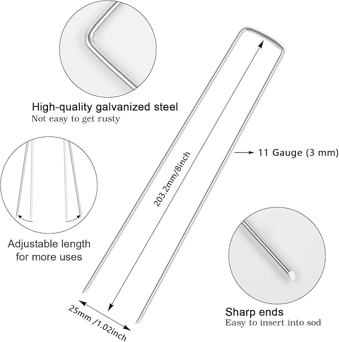 FEED GARDEN 8 Inch 50 Pack Galvanized Landscape Staples 11 Gauge Anti-Rust Garden Stakes Landscaping Fabric SOD Pins Yard Stakes for Weed Barrier Fabric FEEDGARDEN