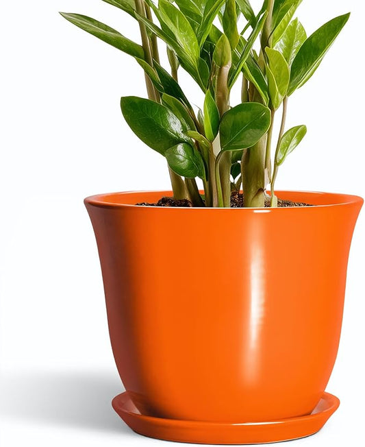 10 Inch Plant Pot - Ceramic Pots for Plants with Drainage Hole and Saucer, Round Planters for Indoor Outdoor Plants, Modern Decorative Planters, Room Home Decor, Gardening Gifts, Orange SUNPOTFOR