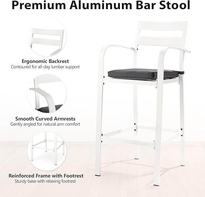 VINGLI Outdoor Bar Stools Set of 2, All-Weather Bar Height Aluminum Stools with 1.6" Thick Cushion, Rust-Proof Patio Chairs for Backyard, Poolside, Balcony & Kitchen Island (White) VINGLI