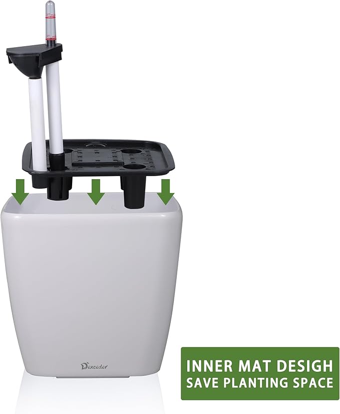 Dexceder 18x17 Self Watering Planter with Wheels Indoor Outdoor, Inner Mat Design, Thickened Large Floor Standing Flower Plant Pot with Water Level Indicator (White Matte) Dexceder
