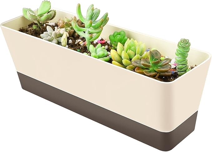 GREANER Planter Windowsill Box, 1 Pack 12x3.8 Inch Herb Rectangle Planter with Tray, Modern Indoor Succulent Cactus Plastic Plant Pot for Windowsill, Garden Balcony, Home Office Outdoor Decoration GREANER