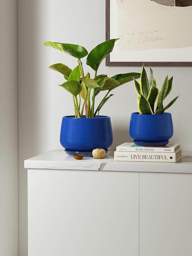 LE TAUCI Plant Pots, 4.1+5.1+6.5 inch, Set of 3, Ceramic Planters with Drainage Hole and Saucer, Indoor Flower Pot with Hole Mesh Pad, Gifts for Mom, Sapphire Blue LETAUCI