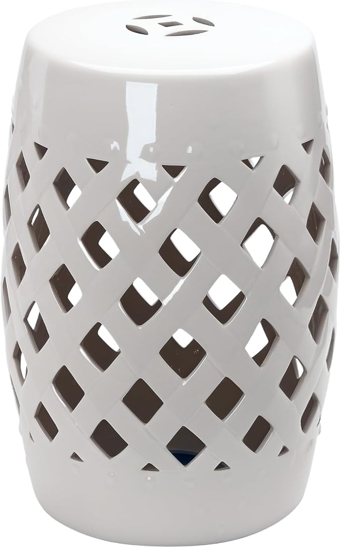 Outsunny 13" x 18" Ceramic Garden Stool with Woven Lattice Design & Glazed Strong Materials Decorative Outdoor Stool, White Outsunny