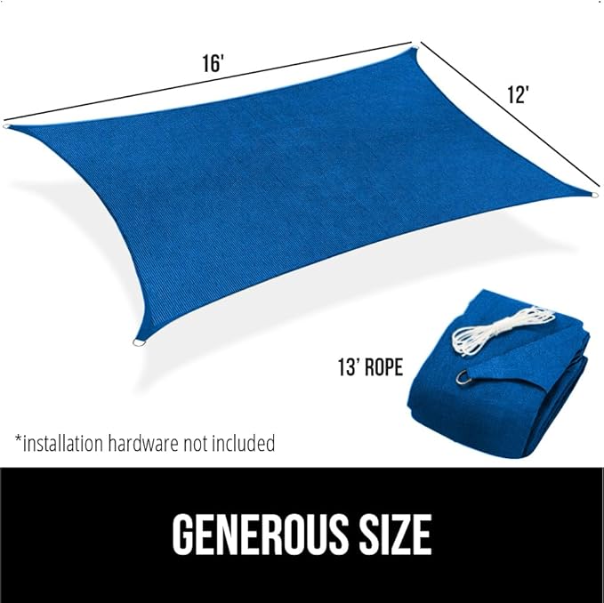 GORILLA GRIP Heavy Duty Sun Shade, UV Protection Fade Tear and Rust Resistant Rectangle Sunshade Canopy, Curved Edges Blocks Sunlight, Breathable Sail, Outdoor Patio, Lawn Garden 12x16 FT Blue GorillaGrip