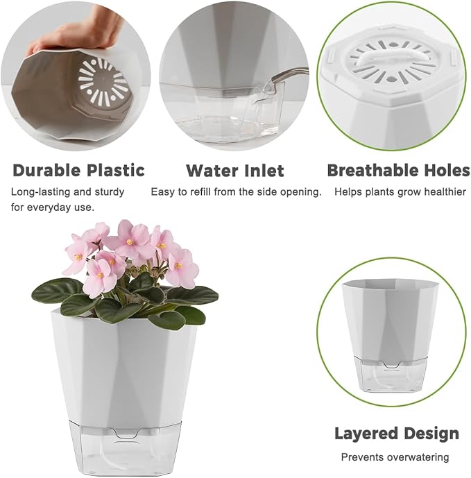 2 Pack Self Watering Pots for Plants, 8.4" Self Watering Planters Large African Violet Self Watering Clear Pots for Plants Large Herb Orchid Flower Houseplant Pots, Light Grey Planterhoma
