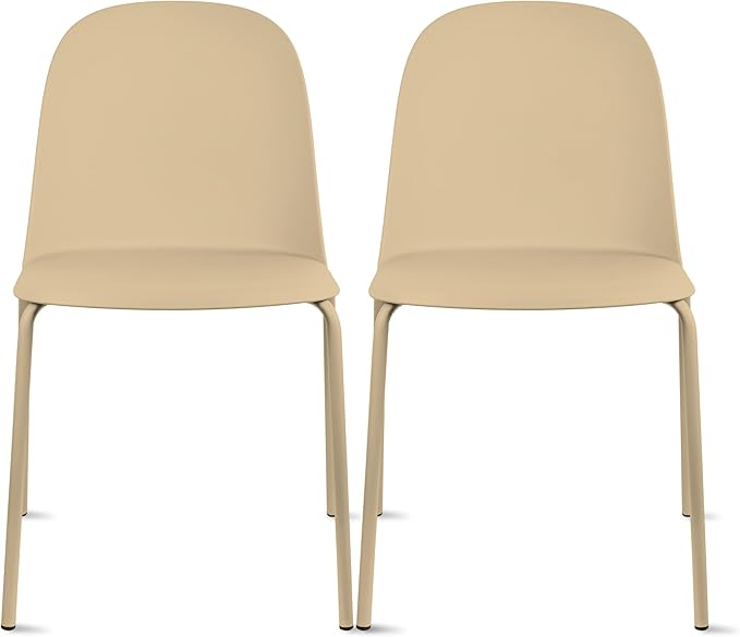2xhome Set of 2 Modern Stackable Armless Dining Chairs | Plastic Shell Seat with Metal Legs | Indoor or Outdoor Use | Home Kitchen Patio, Beige 2xhome