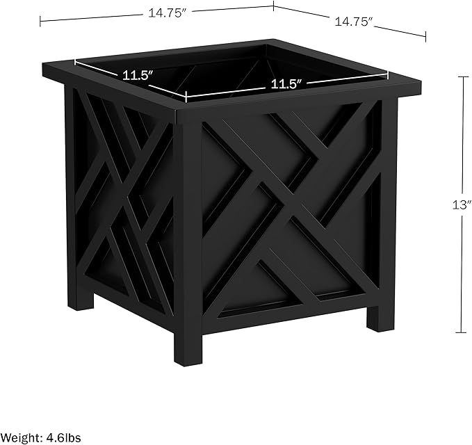 Lattice Design Outdoor Planter Box - 14.75” Square 13” Tall Black Plant Pot - Decorative Plant Pots for Front Porch Decor - Flower Pots Outdoor Planters for Porch Patio or Garden Decor by Pure Garden PureGarden