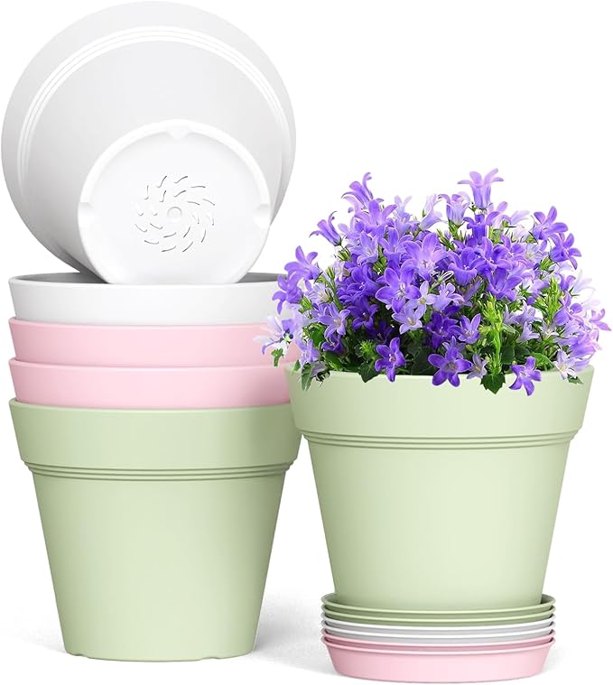 5 Inch Plastic Plant Pots with Drainage Holes and Trays – 6 Pack Small Nursery Pots for Indoor & Outdoor House Plants and Flowers, Seedling Starter Planters, Colorful WSMKSZ