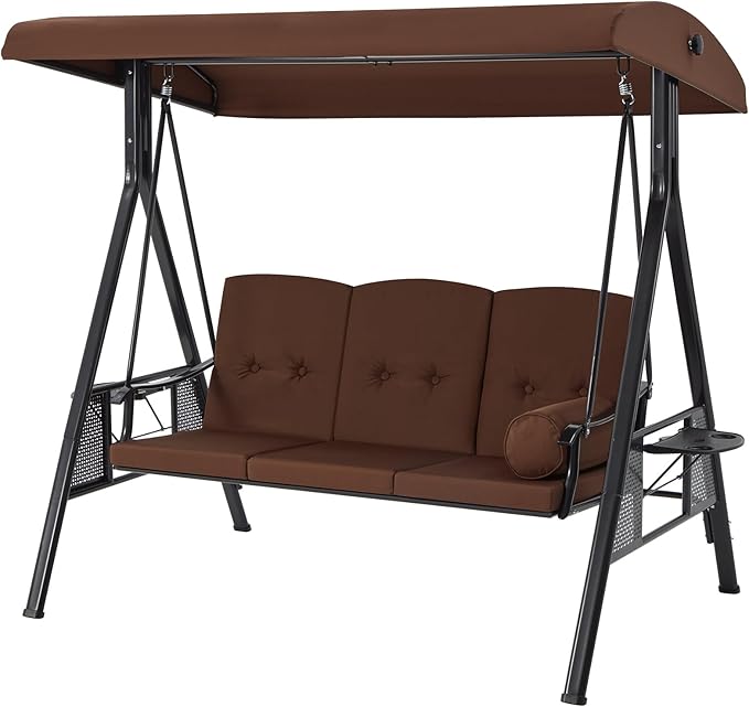 U-MAX 3-Seat Porch Swing Chair Steel Frame, Patio Swing Chair with Stand and Removable Cushions, Outdoor Canopy Swing Chair for Outside, Backyard, Garden, Brown Cushion U-MAX