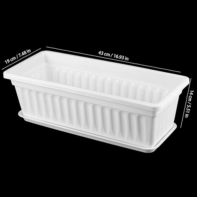 6 Pack 17 Inches Countryside Flower Box Planters, Plastic Vegetable Planters with 30 PCS Plant Labels, White Flower Window Boxes with Attached Tray for Windowsill, Patio, Garden, Balcony… ZEONHAK