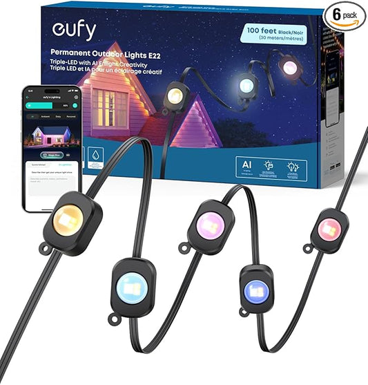 eufy Permanent Outdoor Lights E22, 100ft with 60 Triple-LED Lights, Smart RGBWW, Daily and Holiday, Up to IP67 Waterproof, AI Lighting Themes for Halloween, Christmas, Links with Cameras, Black eufy