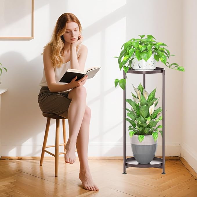 iDavosic.ly 2 Tier Corner Plant Stand Indoor, Tall Vertical Metal Flower Heavy Duty Pot Holder Shelf Outdoor for Patio Porch Living Room, Bronze - Round iDavosicly