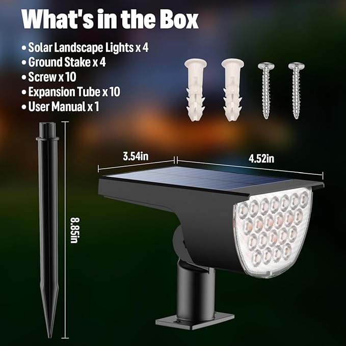 Solar Lights Outdoor Waterproof IP65, Solar Powered 76 LED 3 Lighting Modes Solar Spot Lights Outdoor for Yard Garden Landscape Pathway (Warm White, 4 Pack) GKGG