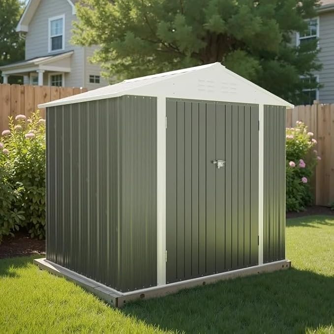 Greesum 8×6FT Outdoor Storage Shed, Metal Patio Storaged Sheds with Lockable Doors, Sheds & Outdoor Storage for Bike, Backyard, Pool and Garden, Gray BuynowfromGreesum