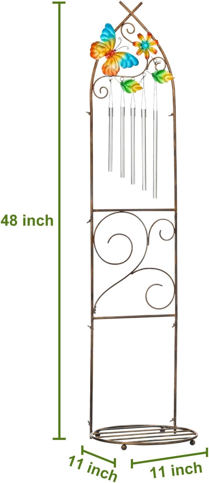 Plant Stands with Garden Trellis, 48” Metal Standing Wind Chimes Plant Pot Trellis with Butterfly for Garden Patio Backyard Climbing Plants Outdoor Decor LEWIS%26WAYNE