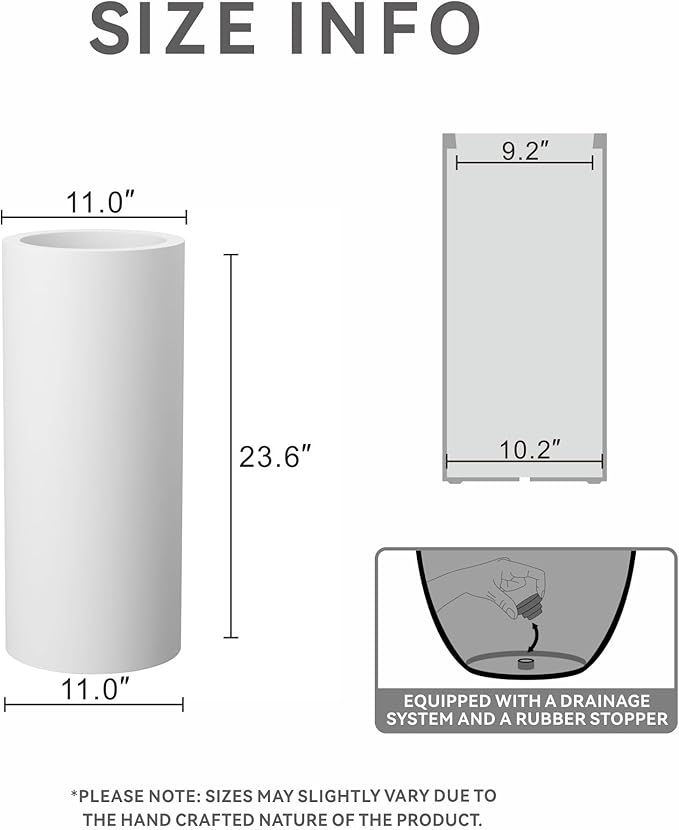 Kante 23.6 Inch Tall Cylindrical Planter, Large Round Plant Pots with Drainage Hole, Made with Concrete, Suitable for Indoor Outdoor Plants, Home Decor, White Kante
