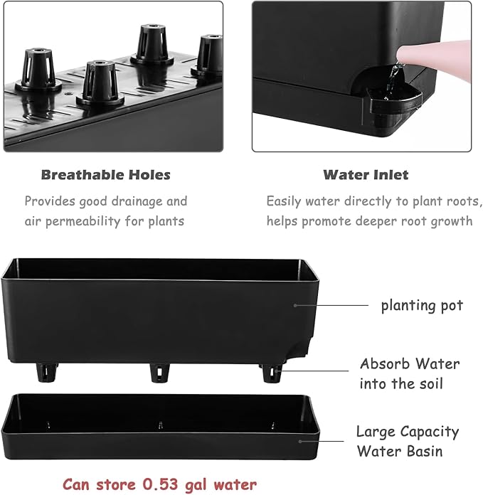 Self Watering Pots for Indoor Plants 17 Inches Window Boxes Planters Rectangular Flower Pots Rectangle Herb Pots Large Plant Pots with Drainage Holes and Saucers Windowsill Planter (4, Black) KvyusFlourish