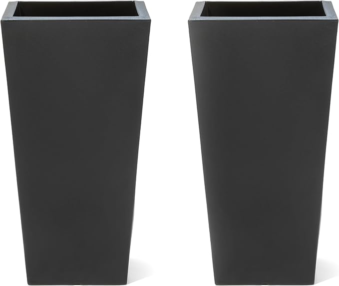 Step2 Tremont Tall Square Tapered Planter, Large Planters for Outdoor Plants, Gardening and Flower Pot for Patio or Porch, Efficient Drainage, Durable Plastic, Onyx Black, 2-Pack Step2