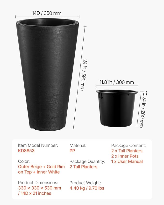VEVOR Set of 2 Tall Planter for Outdoor Indoor Plants 24inch, Black Round Large Planters for Front Porch, Patio, Tall Taper Flower Tree Plant Pots with Modern Design and Built-in Drainage VEVOR