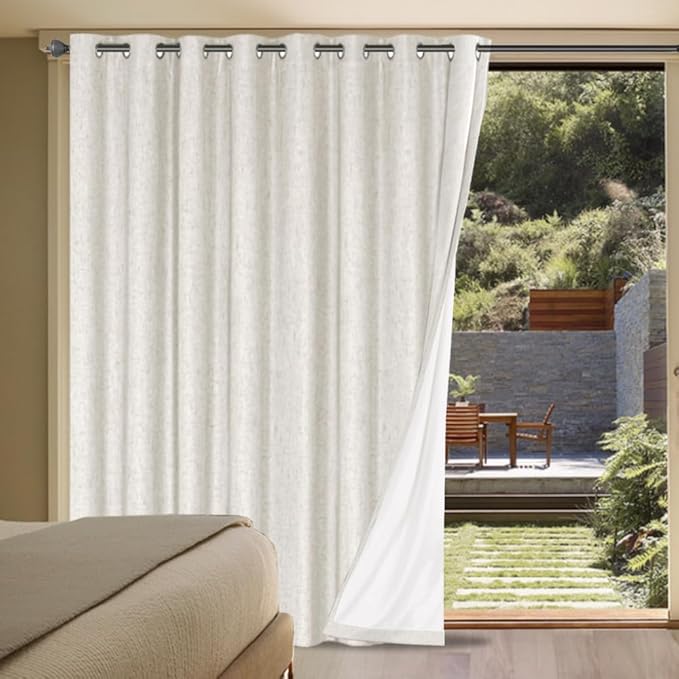 H.VERSAILTEX Linen Blackout Curtains Durable Thick Textured Linen Look 100% Blackout Patio Door Curtain, Anti Rust Grommet Extra Wide Sliding Glass Door Curtains, W100 x L84 inch- Ivory HVERSAILTEX