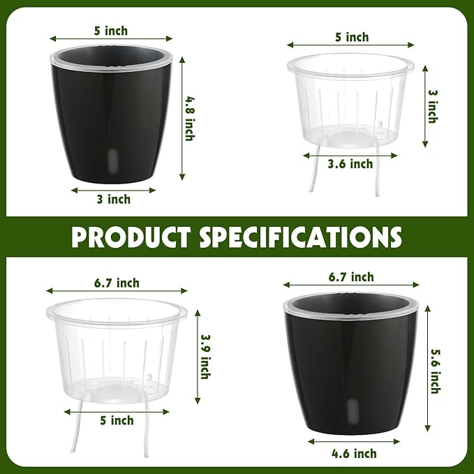 Self Watering Pots for Indoor Plants, 12-Pack 5'' Self Watering Planter with Drainage Holes, Small African Violet Pots with Water Indicator, Clear Wick Pot, White/Black/Blue/Rose Gold KvyusFlourish