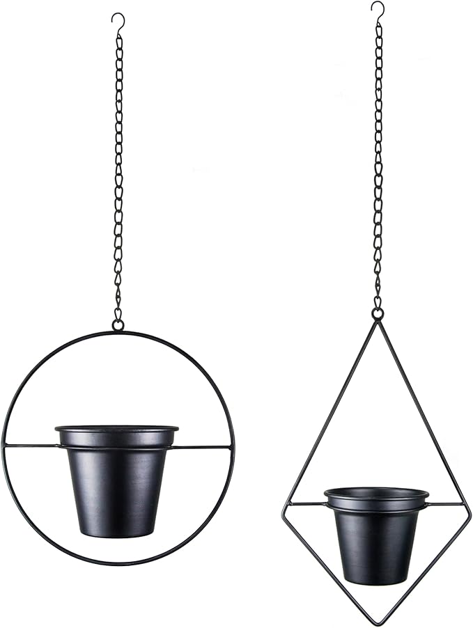 Metal Hanging Planters, Modern Plant Hanger with 5 inch Flower Pot, Set of 2 Black Plant Holder in Diamond and Round Shape, Small Wall and Ceiling Planter for Indoor Plants, Home Décor HemePaha