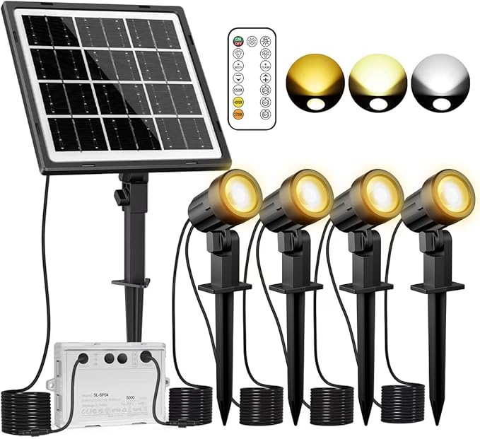 MEIKEE Solar Spot Lights Outdoor, 4-in-1 Solar Landscape Lights, 4W/6V IP66 Waterproof, 2700K/4000K/6500K Outdoor Landscape Spotlights with Remote for Garden Yard Driveway MEIKEE