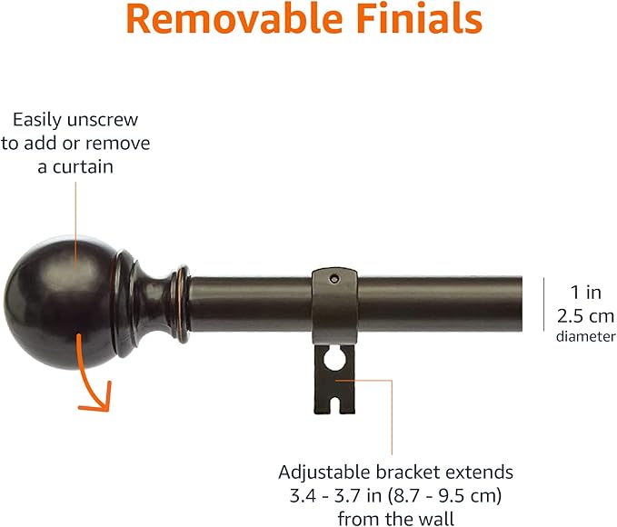 Amazon Basics Adjustable Sturdy Curtain Rod for Windows with Round Finials, Easy Install Hardware, 1-Inch Rod, 72" to 144", Dark Bronze, 1-Pack AmazonBasics