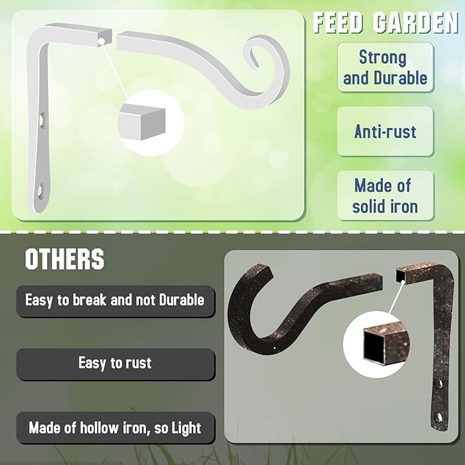 FEED GARDEN Hand-Forged Hanging Plant Bracket Iron Wall Hook for Hanging Plant,Bird Feeders, Wind Chimes, Flower Baskets, Lanterns, Yoga Mat, Indoor/Outdoor Use 6 Inch 2 Pack, White FEEDGARDEN