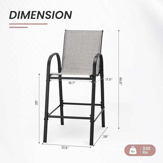 HOMREST Outdoor Bar Height Stools Set of 6,High Back Patio Chairs with Armrests,Textilene Chairs with Breathable Fabric & Metal Frame for All Weather,Light Grey HOMREST