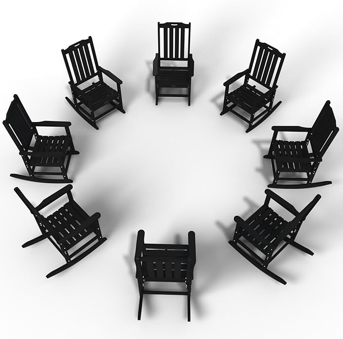 Oversized Rocking Chair Set of 8, Outdoor Rocking Chair for Adults, All Weather Resistant Porch Rocker for Lawn Garden, Black THOEOE