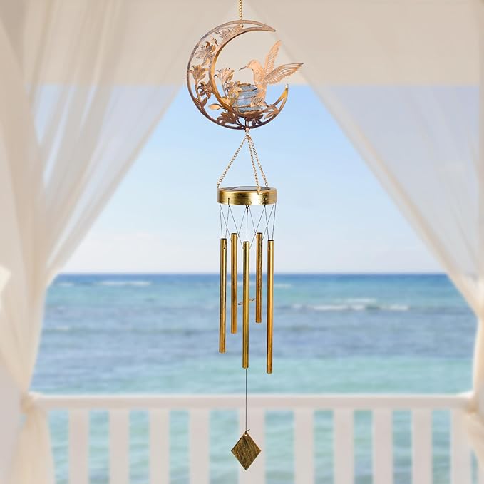Moon Hummingbird Wind Chime Outdoor, Handcrafted Metal Garden Wind Chimes with Hummingbird Charms, Melodic Wind Bells for Patio Porch Decor, Weatherproof Gift for Nature Lovers & Bird Watchers ShangTianFeng