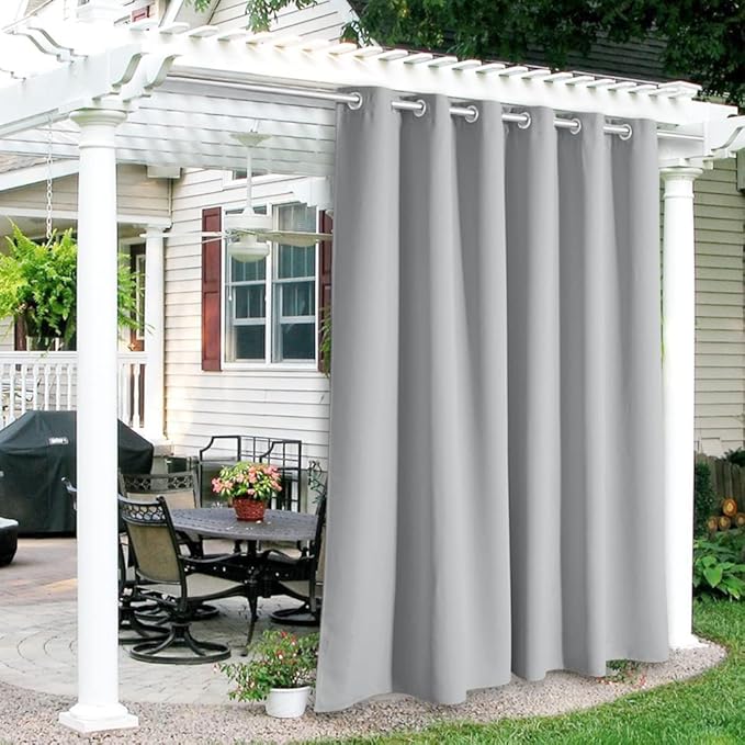 RYB HOME Outdoor Curtains for Patio Waterproof Block Sunlight Thermal Insulated Privacy Assured Thick Outside Curtains for Porch, Gazebo, Pergola, W84 x L84, Light Grey, 1 Panel RYBHOME