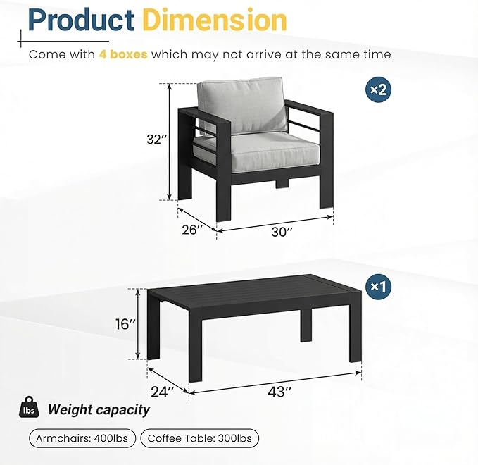 Solaste Aluminum Patio Furniture Set for All Weather, Oversized Metal Outdoor Furniture Set with 27.5" Deep Seating and 3.2" Wide Armrest, Outdoor Patio Sofa with 10" Back Suport Cushion Solaste