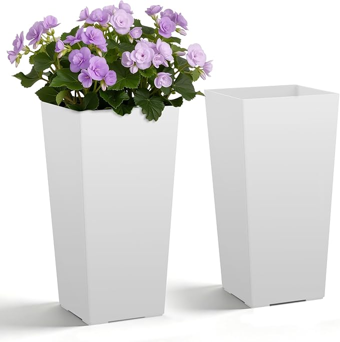 VEVOR Set of 2 Tall Planters for Outdoor Plants 22 inch, White Tall Planter for Indoor Plants, Modern Planters for Front Porch Patio Balcony, Plant Container Flower Pots with Built-in Drainage VEVOR