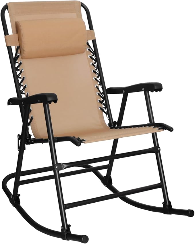 Amazon Basics Outdoor Portable Folding Rocking Chair with Headrest, Ergonomic Design, Weather-resistant Patio Reclining Lounge Chair for Porch, 33.6 x 37.4 x 26 inch, Beige AmazonBasics