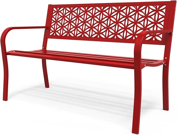 VINGLI 50" Outdoor Bench Metal with Floral Back, Garden Bench Front Porch Bench for Yard Patio Entryway Park Outside, 800lb Capacity - Red VINGLI